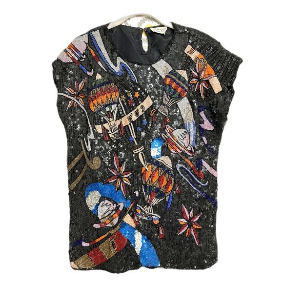 Giorgio Kauten Italian Designer McBling Vtg Sequin Blouse Stars Planets Balloons - Picture 1 of 11